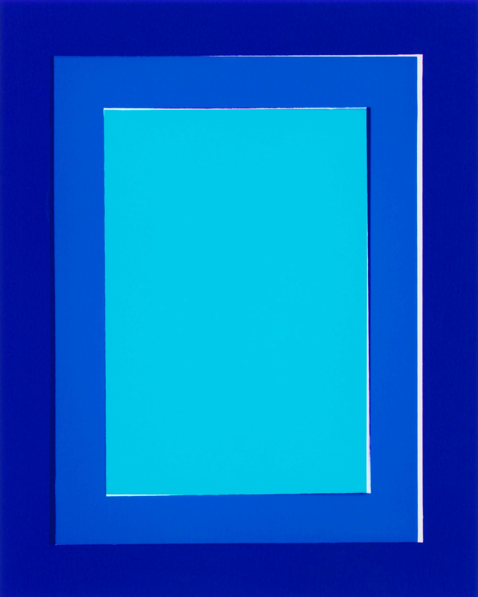 A geometric abstract image featuring a central light blue rectangle, surrounded by a medium blue border and an outer dark blue border. The shapes are sharp and edges are clean, creating a layered frame effect.