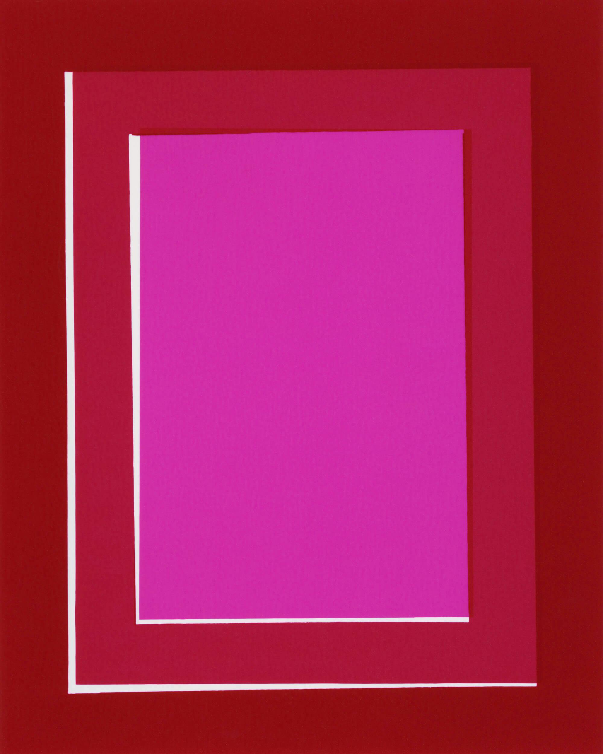 A rectangular composition featuring a large magenta rectangle centered within a slightly skewed red border, all set against a deep red background. The shapes create a layered, abstract geometric effect.