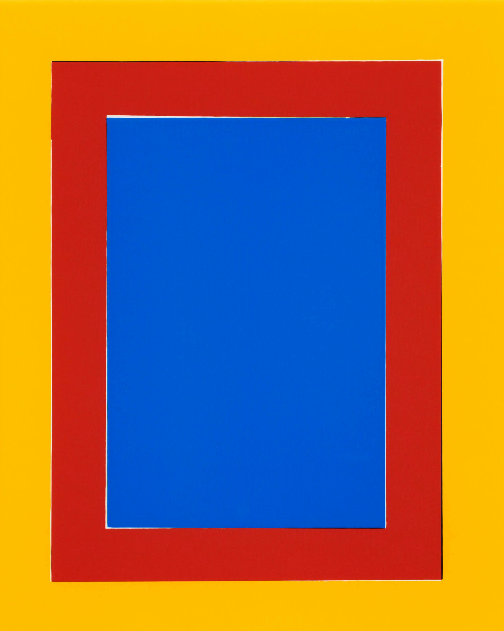 A geometric abstract image featuring a large blue square centered inside a thick red border, with a thicker yellow border surrounding both the red and blue areas. The design is simple and uses bold, flat colors.
