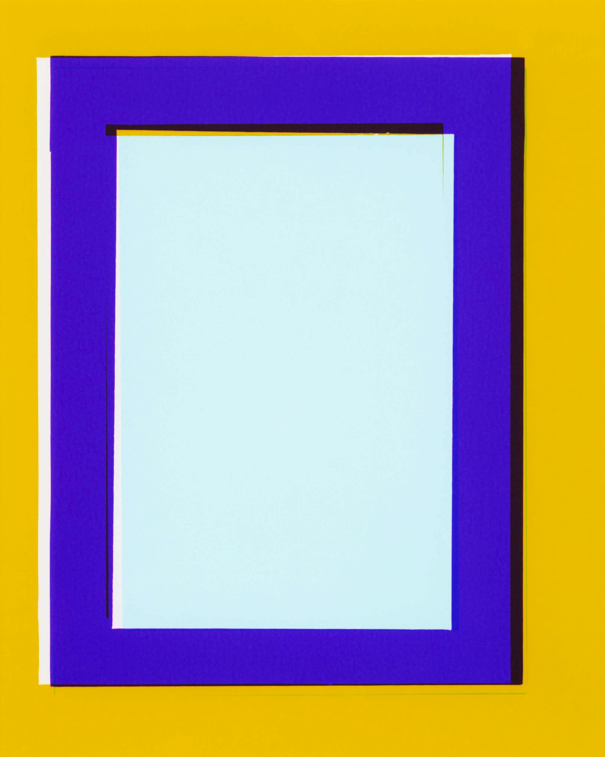 A blank light blue rectangle bordered by a thick dark blue frame sits on a bright yellow background. The image has a simple, geometric, and minimalist design.