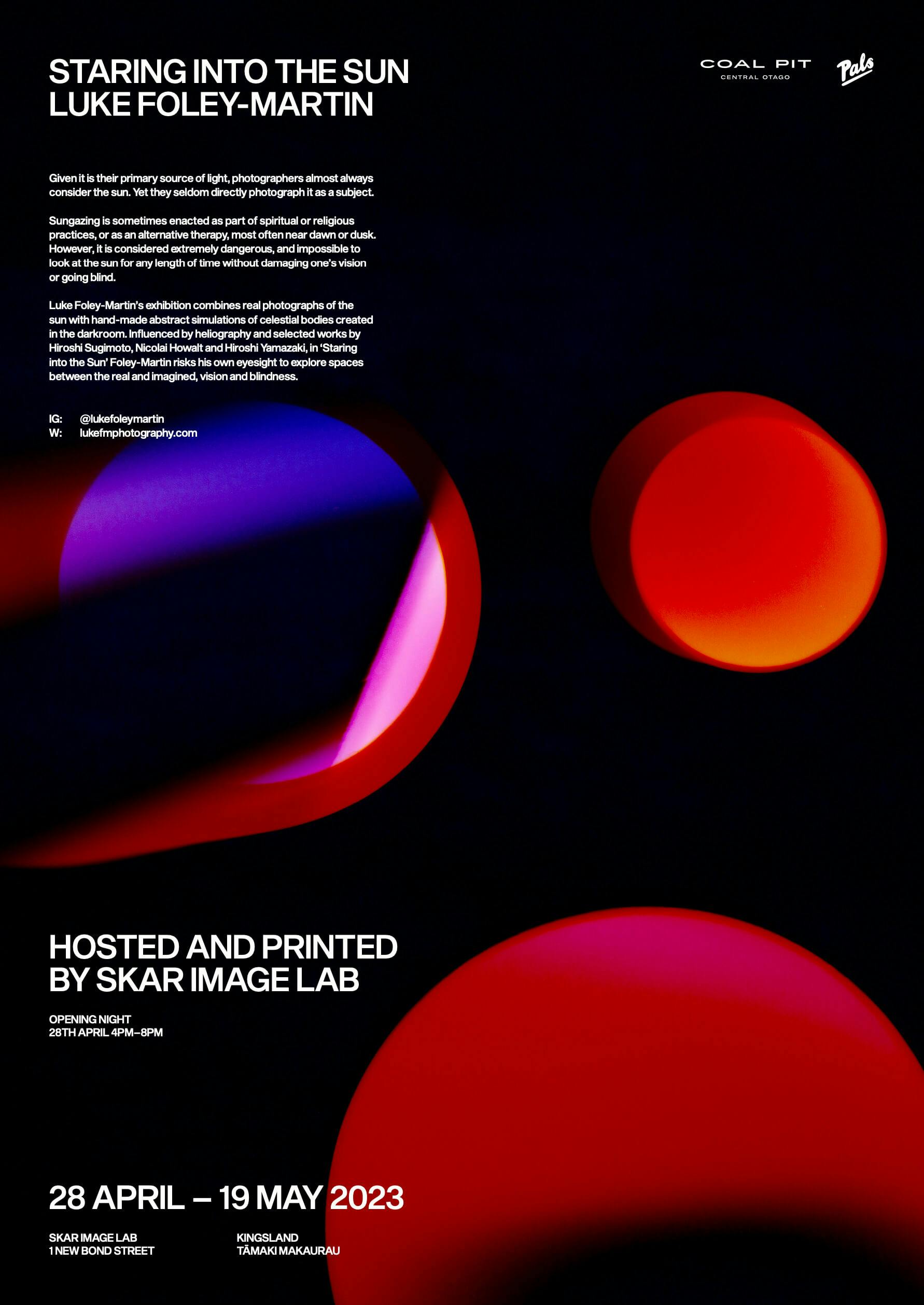 A black background with bold white text advertises an art exhibition. Three colorful, abstract circles in red, pink, and blue float on the right. Event details and dates are listed at the bottom in large white type.
