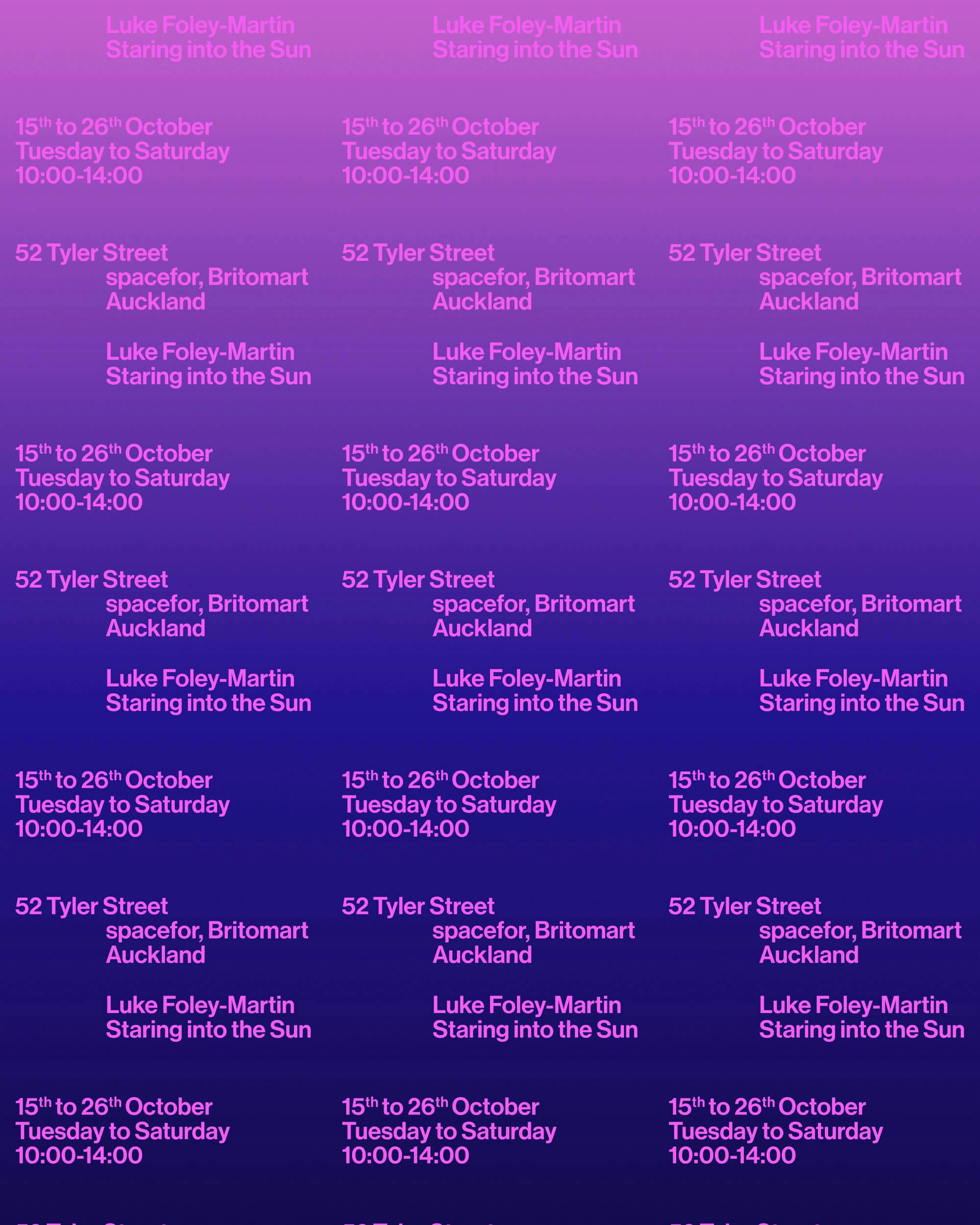 A purple and pink gradient poster repeats event details for